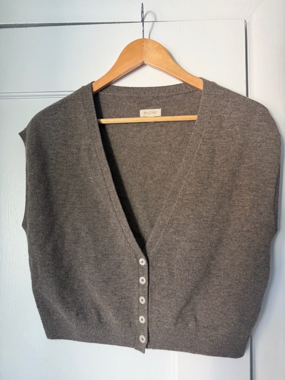 Pilcro Wool and Cashmere Gray-Brown Cropped V-Neck Button Front Sweater Vest